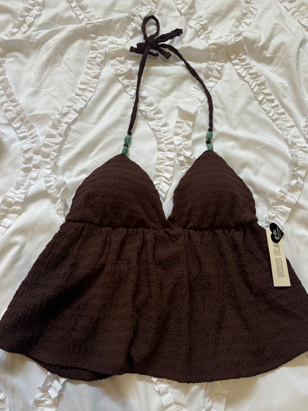 Derek Heart Brown Halter  Top with Green Bead Accents